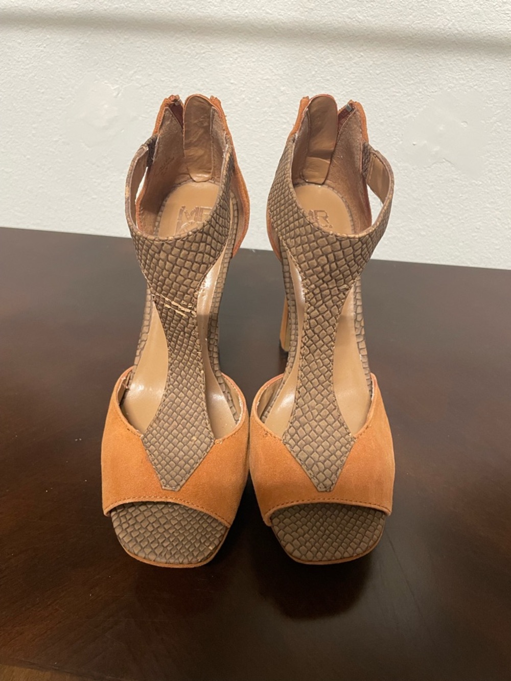 MRKT Women’s Tan Suede and Taupe Textured High-Heel Sandals